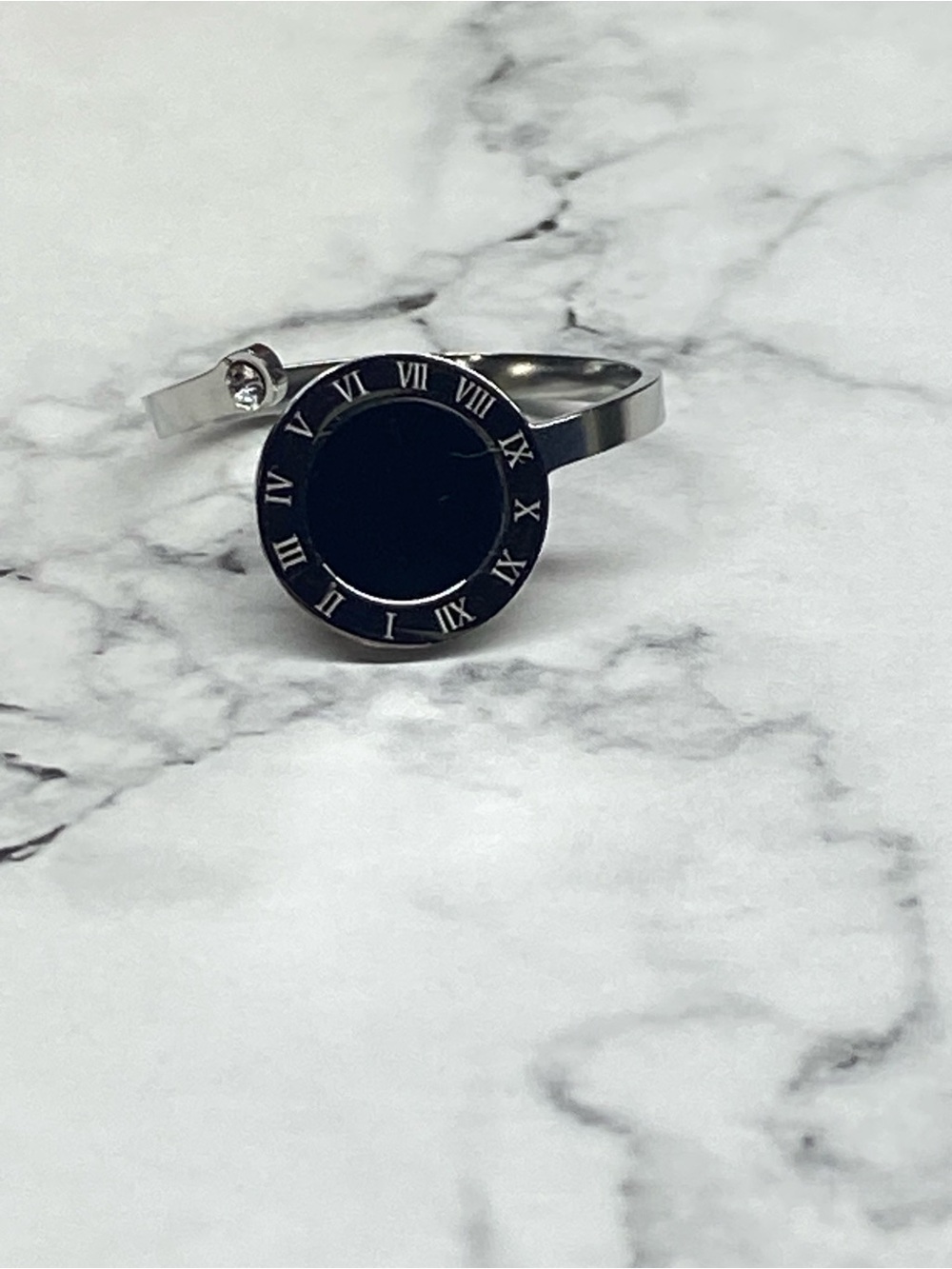 Unisex Black and Silver Roman Accent Stainless Steel Ring